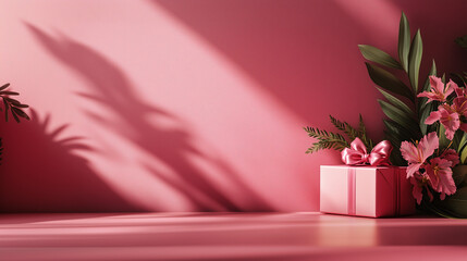 Pink gift box with floral accents and strong shadows on a pink background