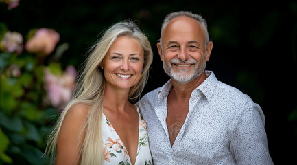 Fototapeta premium A beautiful photograph of an attractive middle-aged couple smiling at the camera in front of some flowers and greenery. She is wearing a white floral dress with long blonde hair, a