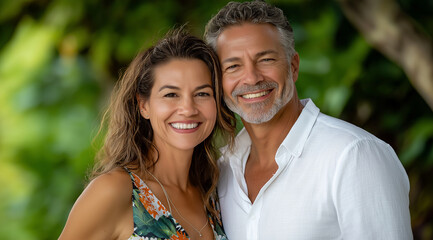 Obraz premium A photo of an attractive middle-aged couple smiling and posing for the camera in front of beautiful greenery. They both have brown hair with blonde highlights. She is wearing a flo