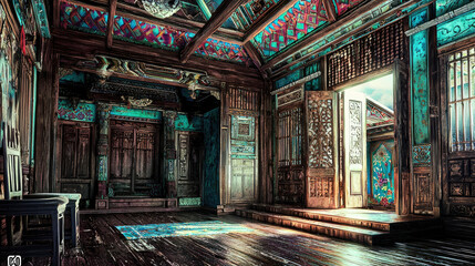 Obraz premium Intricate wooden interior of a traditional room with colorful decorations and open doors