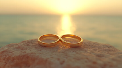 Two golden wedding rings sit on a textured surface with a blurred ocean backdrop bathed in the warm...