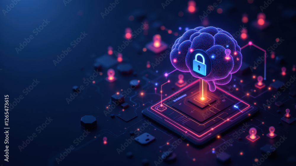 Poster cybersecurity illustration with a brain-like lock on top of circuit board.
