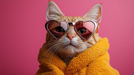 Ginger cat wearing heart-shaped sunglasses and yellow robe against pink background