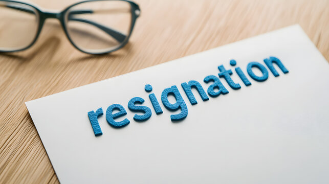 A resignation letter on a wooden desk with a pair of glasses. Resignation is a formal notification to end employment with a company or organization.
