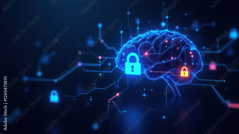 Aufkleber cybersecurity-themed stock photo with a neural network-like illustration of a brain with circuitry c