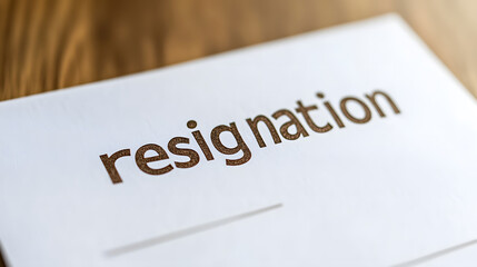 Obraz premium A resignation letter with the word printed in brown on a white piece of paper, lying on a wooden surface. Simple, professional, clean, and direct.
