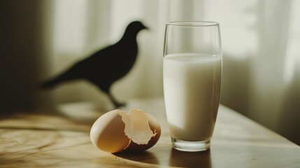 Cracked egg and milk on a surface with avian silhouette, symbolizing food safety and disease prevention.