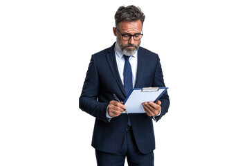 PNG Businessman in a blue suit reviewing documents on a clipboard