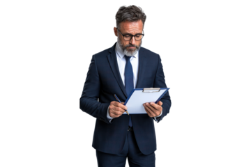 PNG Businessman in a blue suit reviewing documents on a clipboard