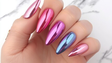 Nail Fashion manicure unique concept. Asymmetrical Holographic Stiletto Nails in Vibrant Metallic Hues