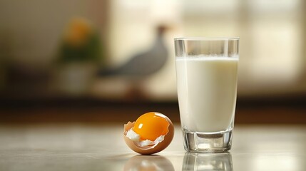 Cracked egg and milk on a surface with avian silhouette, symbolizing food safety and disease prevention.