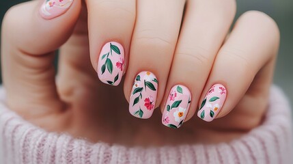 Naklejka premium Nail Fashion manicure unique concept. Beautifully Designed Almond Shaped Nails with Colorful Floral Patterns and Leaf Accents