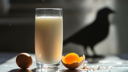 Cracked egg and milk on a surface with avian silhouette, symbolizing food safety and disease prevention.