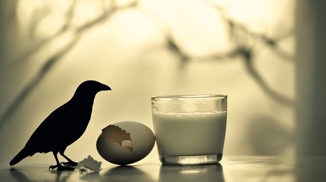 Cracked egg and milk on a surface with avian silhouette, symbolizing food safety and disease prevention.