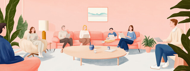 diverse team engaged in discussion in modern, cozy living room. warm colors and comfortable furniture create inviting atmosphere for collaboration and creativity