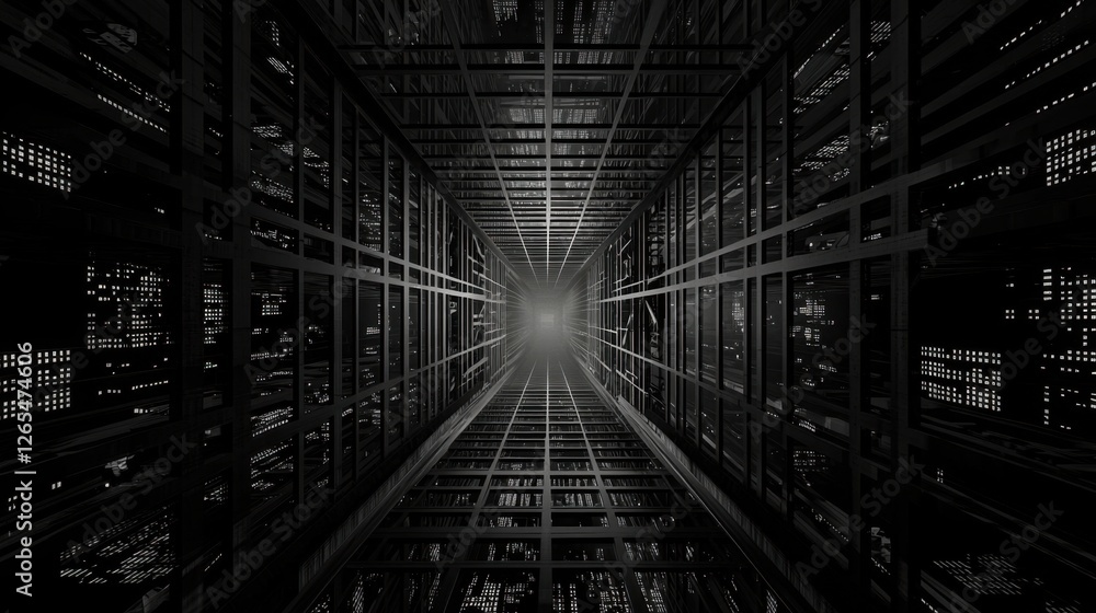 Poster futuristic perspective of a dark fractal tunnel with light source