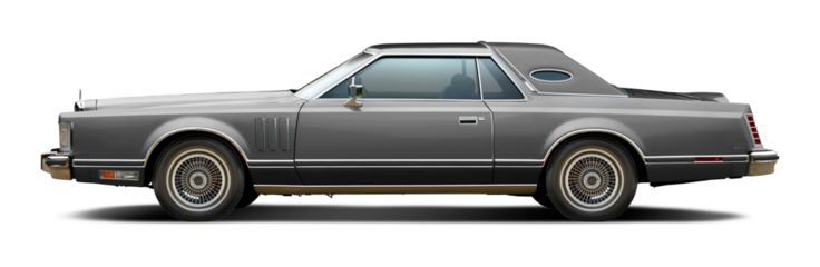 Classic American luxury car in gray. With a coupe body and a soft top in gray. In png format on a transparent background.