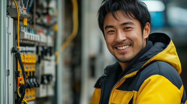  A smiling electrician in his thirties, asian smiling in the camera, standing next to an electrical panel and wearing a yellow and black work jacket, shot with a professional Ca