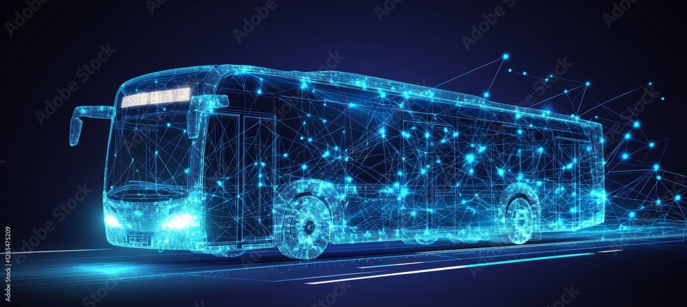Poster abstract digital bus with connecting lines, dots, and triangles on blue technological background