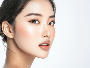 Fototapeta premium Close-up portrait of an Asian woman with clear skin, natural makeup, and soft lighting, highlighting facial features and natural beauty, exuding confidence.