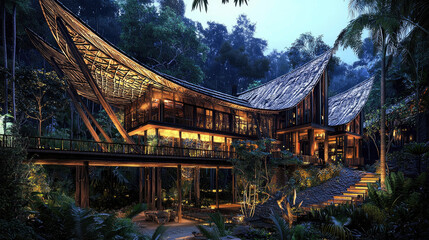 Fototapeta premium Modern eco-friendly house nestled in lush tropical forest with ambient lighting at dusk