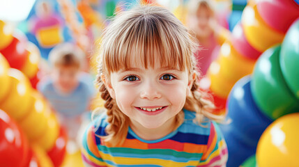 Fototapeta premium Playful child smiling in colorful playground outdoor fun bright environment