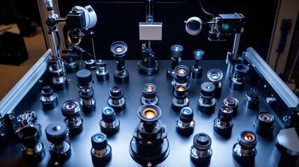 Diverse collection of high quality camera lenses arranged on a table, highlighting essential tools for professional filmmaking and photography projects