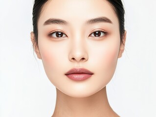 Fototapeta premium Close-up portrait of an Asian woman with clear skin, natural makeup, and soft lighting, highlighting facial features and natural beauty, exuding confidence.