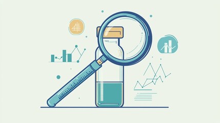 Vintage vaccine vial under magnifying glass, icons symbolize health milestones