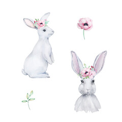 Watercolor Easter Rabbits and spring flowers, pink anemones