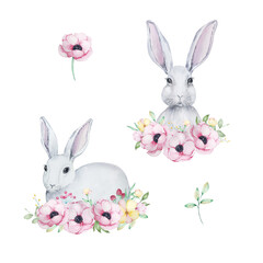 Watercolor Easter Rabbits and spring flowers, pink anemones