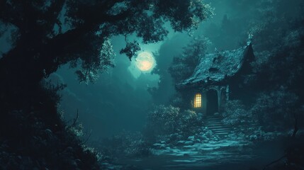 Fototapeta premium Mystical forest cabin at night under a full moon
