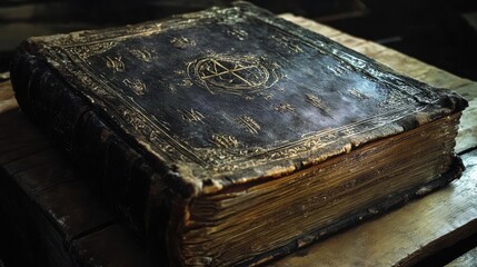 Obraz premium Antique Book on Wooden Table, Dark Background, Ornate Cover