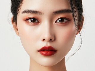Fototapeta premium Close-up portrait of an Asian woman with clear skin, natural makeup, and soft lighting, highlighting facial features and natural beauty, exuding confidence.