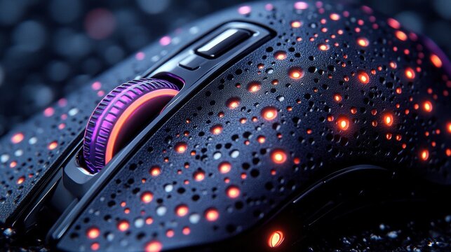 Illuminated gaming mouse, close-up, dark bokeh