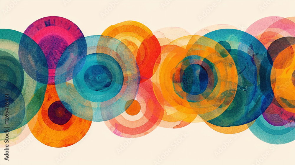 Poster a series of concentric circles in multiple vibrant colors, each layer representing a different aspec