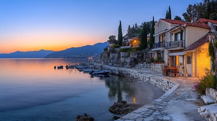 Coastal Houses Sunset Boats Calm Sea Mountain View