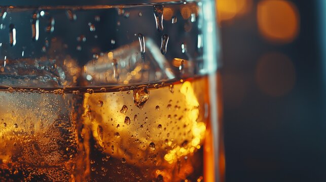 Golden soda or whiskey fizzes with bubbles around ice cubes in a dramatic close-up.
