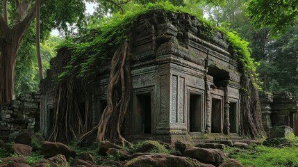 An ancient stone structure has been overtaken by massive jungle roots and dense vegetation.
