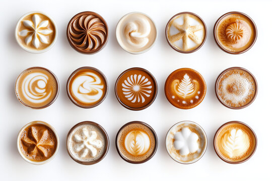 Top view varies cup of latte art isolated on white background, Selective focus various glass of coffee on white background.