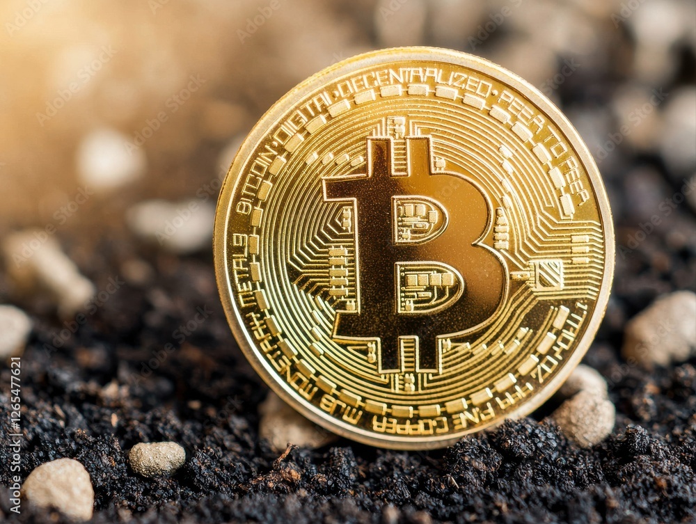 Poster a shiny gold bitcoin rests on dark soil, symbolizing the intersection of digital currency and physic