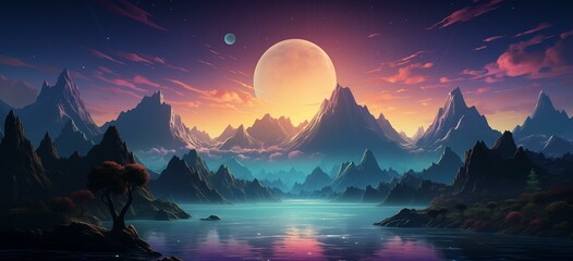 Majestic Mountains at Sunset with a Giant Moon and Calm Lake Fantasy Landscape