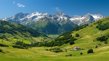 Fototapeta premium Green Valley And Snowy Mountain Peaks In The French Pyrenees