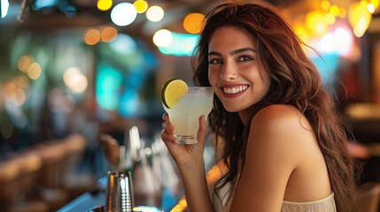 Woman in a bar sipping a margarita cocktail  
