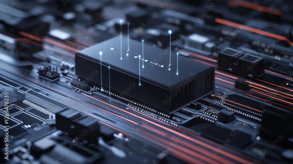 Poster quantum computing processor transferring data through illuminated circuit board connections, symboli