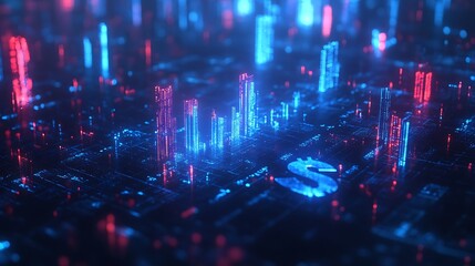 Obraz premium Glowing Blue Dollar Sign in Digital Space, A glowing blue dollar sign made of digital particles, set against a dark, abstract background