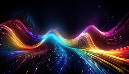 Obraz premium dynamic rainbow light streaks forming a wave pattern against a dark background, sparkling particles resembling stars