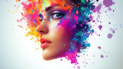 A woman's face against a white background with vibrant splatter paint forming a colorful aura around her, more clarity with clear light, super detailed