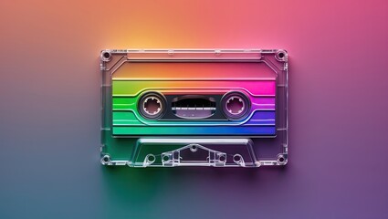 Fototapeta premium A vibrant, retro cassette tape with a rainbow gradient background, evoking nostalgia and creativity