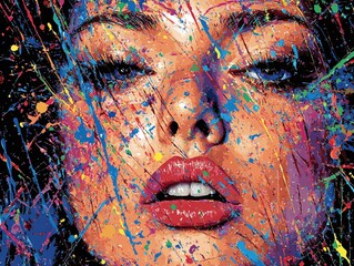 A portrait of a woman's face submerged in splatter paint, with only her eyes and lips visible amidst the bold, colorful chaos, more clarity with clear light, super detailed